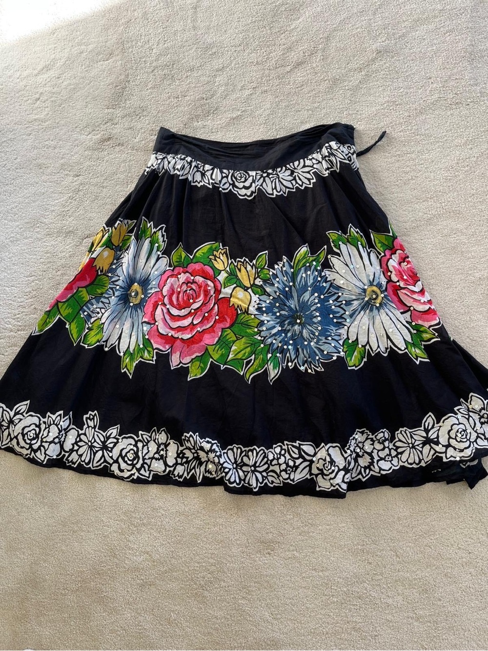 Vintage Black Circle Skirt with Pink, Blue and Green Floral Border
